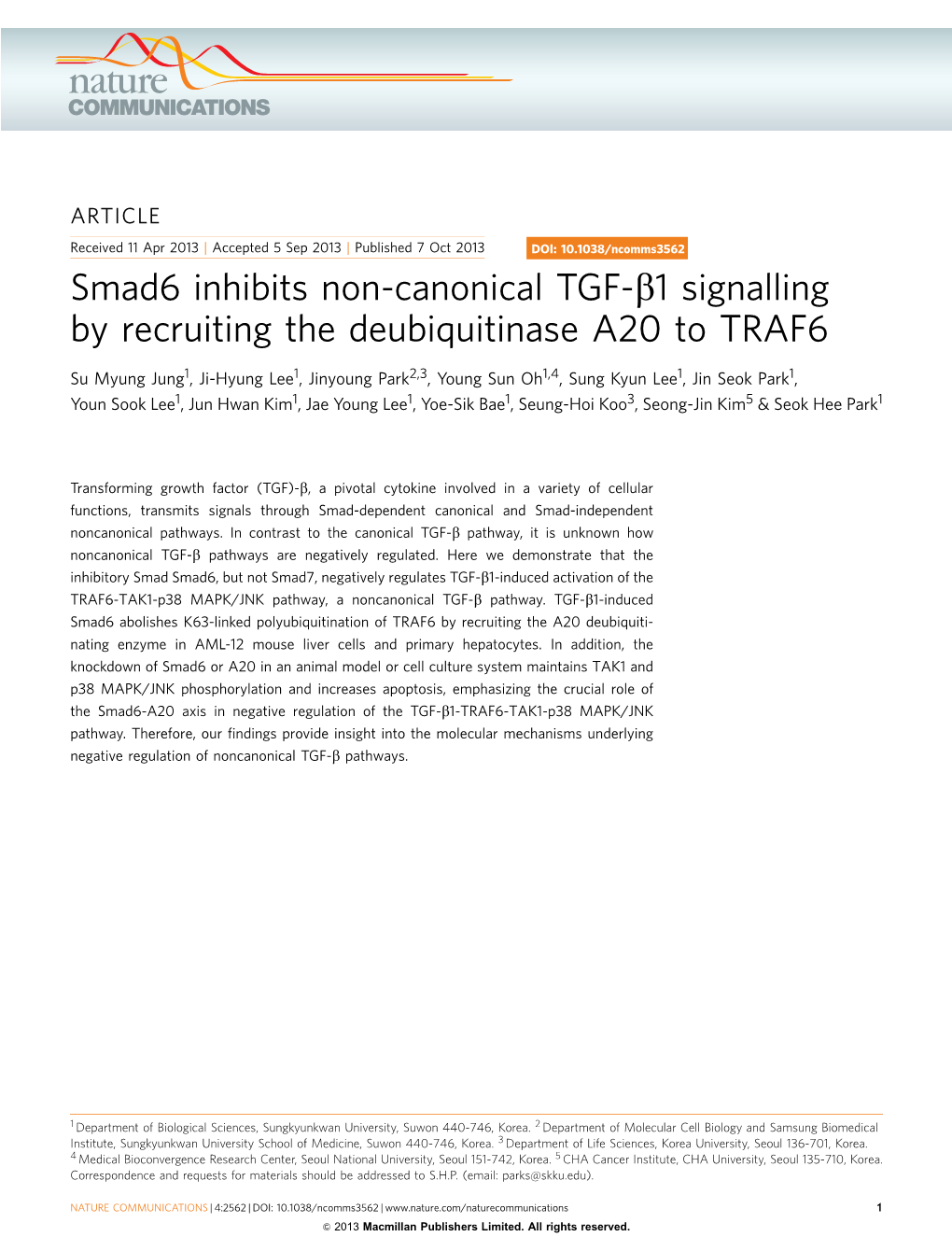 Smad6 Inhibits Non-Canonical TGF-&Beta;1 Signalling by Recruiting the Deubiquitinase A20 to TRAF6