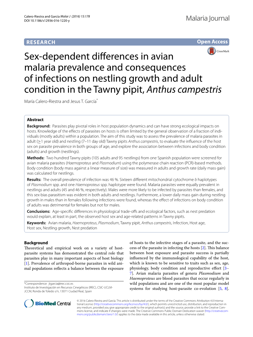 Sex-Dependent Differences in Avian Malaria Prevalence And