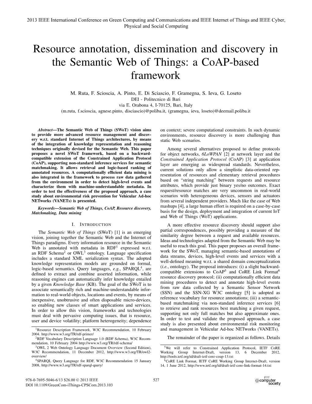Resource Annotation, Dissemination and Discovery in the Semantic Web of Things: a Coap-Based Framework