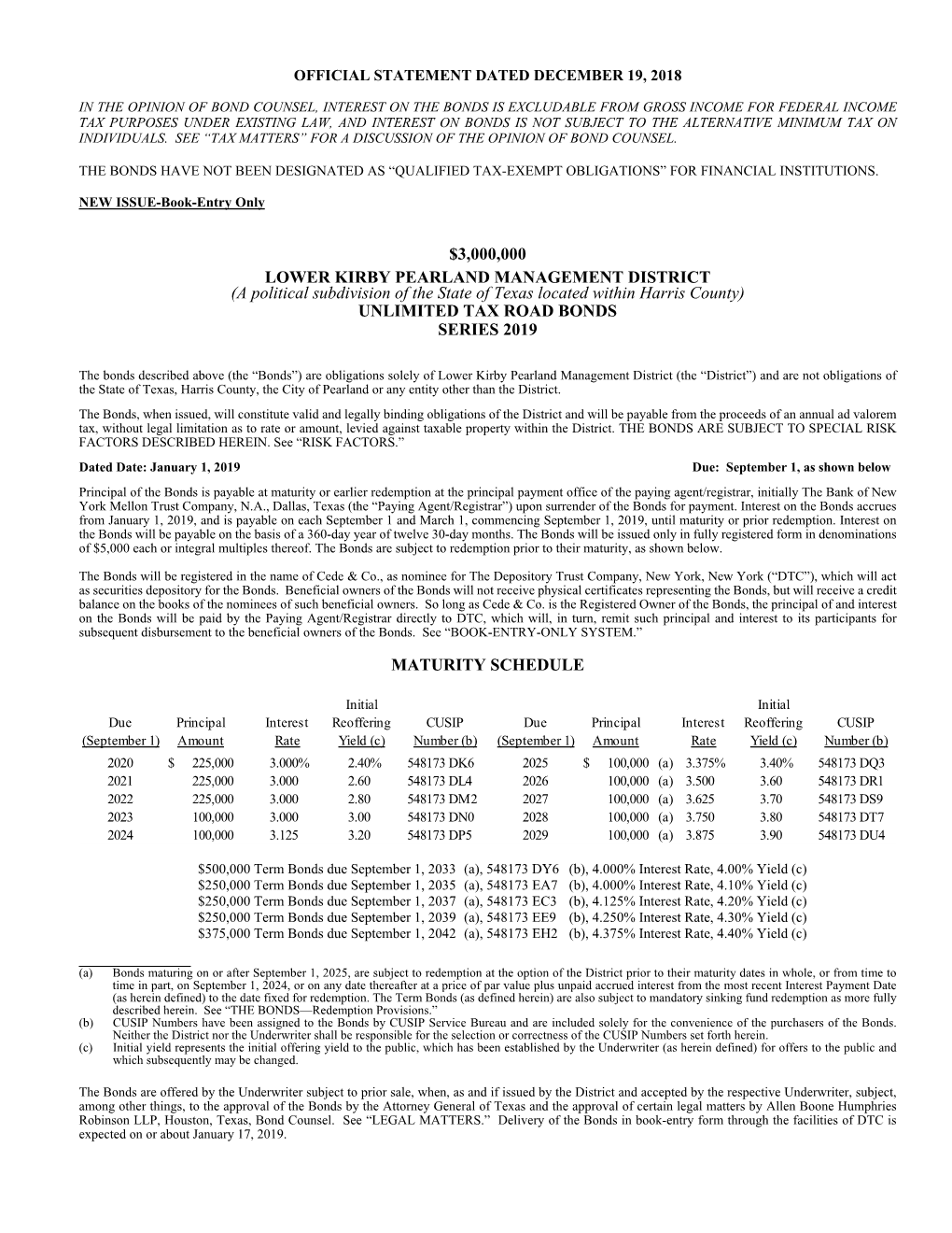 3000000 Lower Kirby Pearland Management District