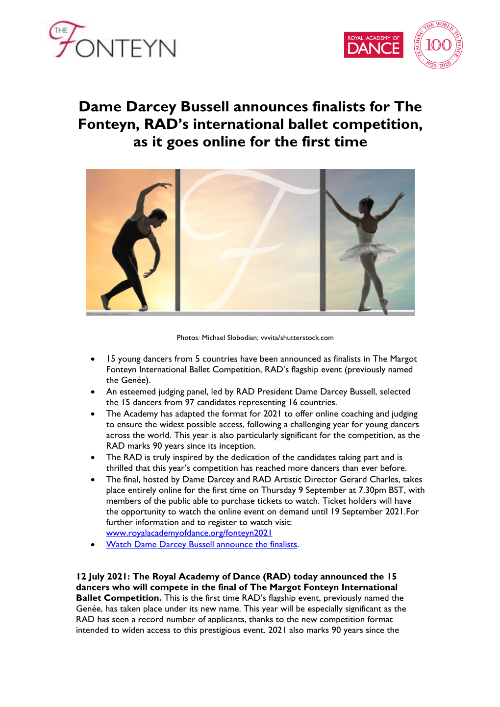 Dame Darcey Bussell Announces Finalists for the Fonteyn, RAD's