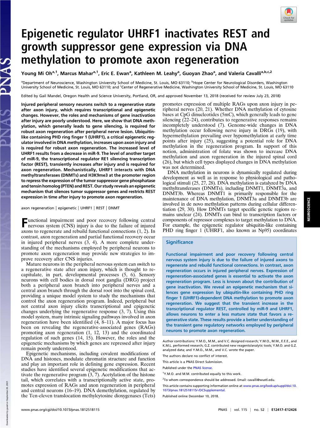 Epigenetic Regulator UHRF1 Inactivates REST and Growth Suppressor Gene Expression Via DNA Methylation to Promote Axon Regeneration