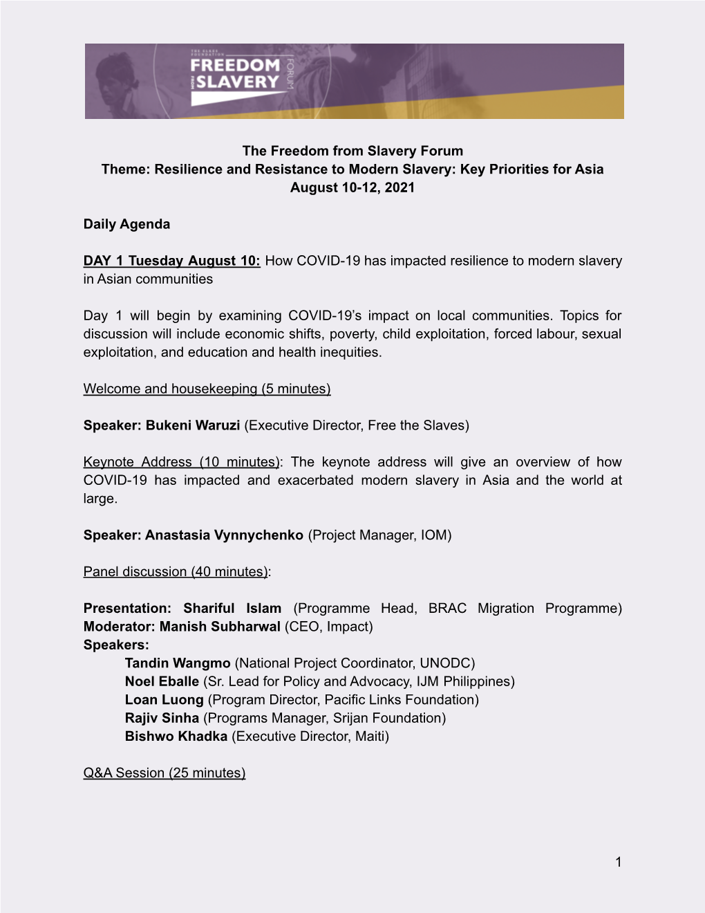 Asia Forum Agenda and Speaker Information