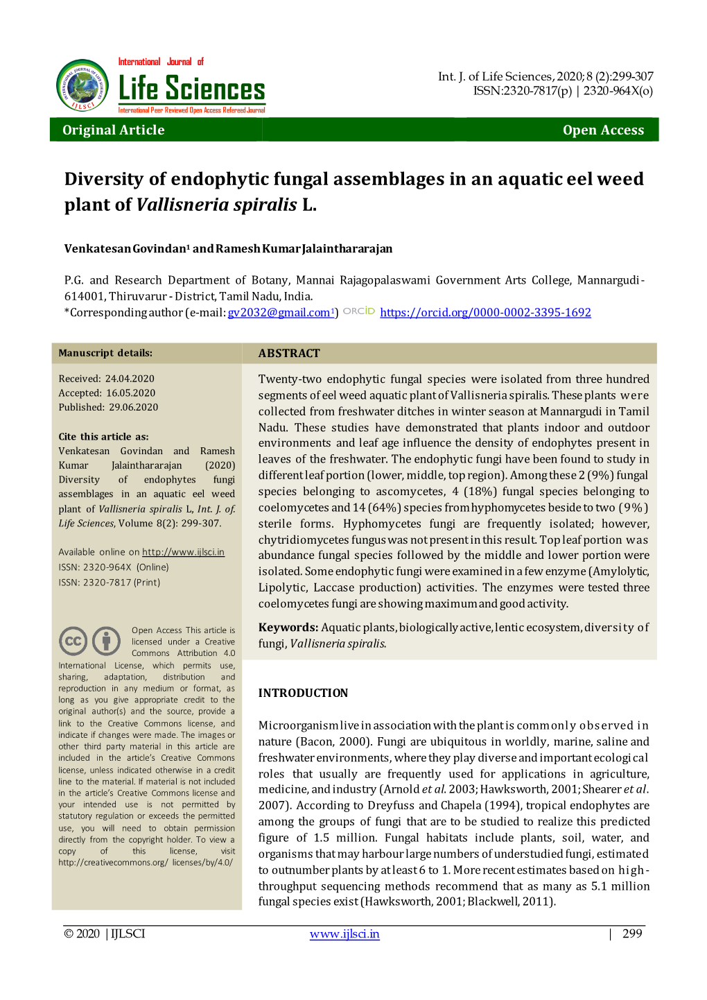 Diversity of Endophytic Fungal Assemblages in an Aquatic Eel Weed Plant of Vallisneria Spiralis L