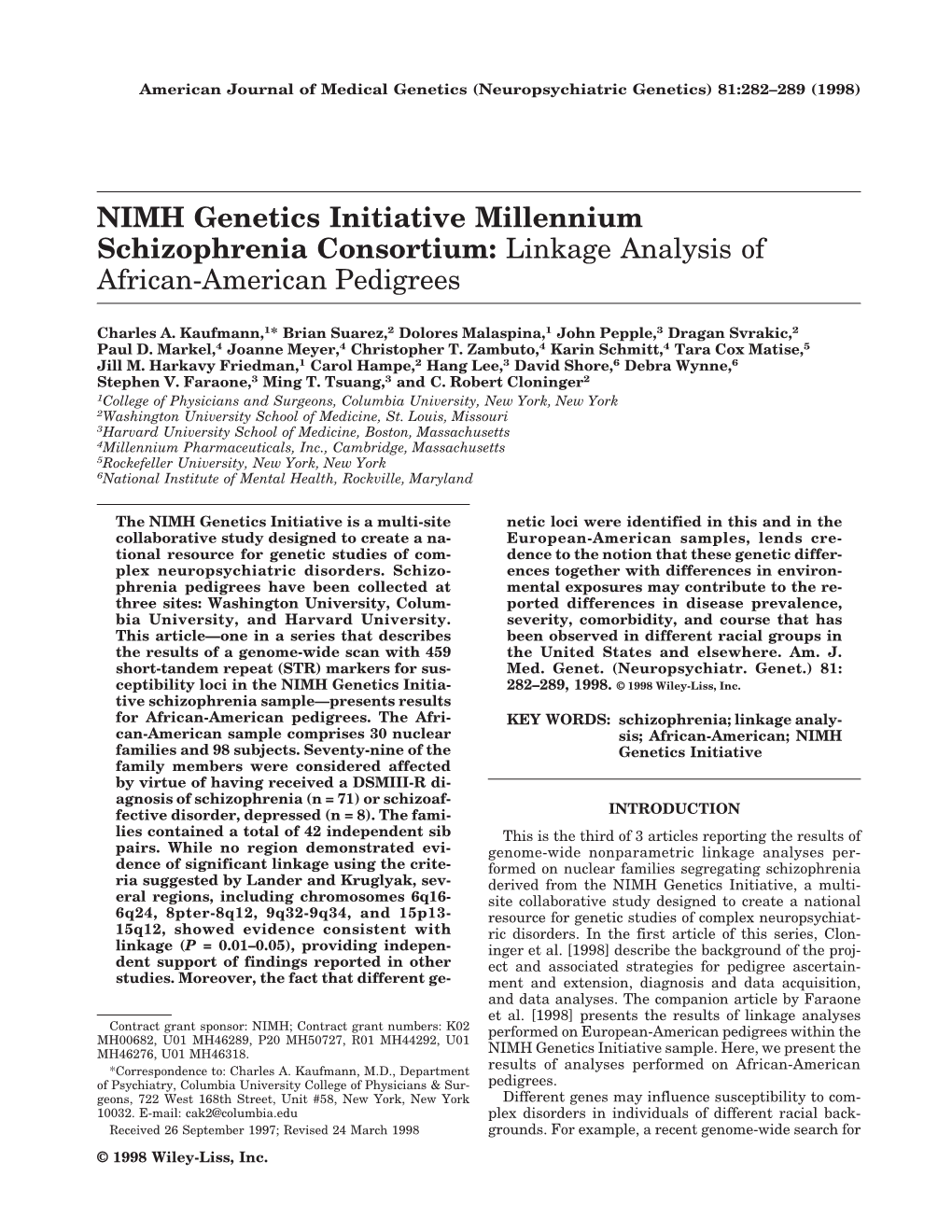 NIMH Genetics Initiative Millennium Schizophrenia Consortium: Linkage Analysis of African-American Pedigrees
