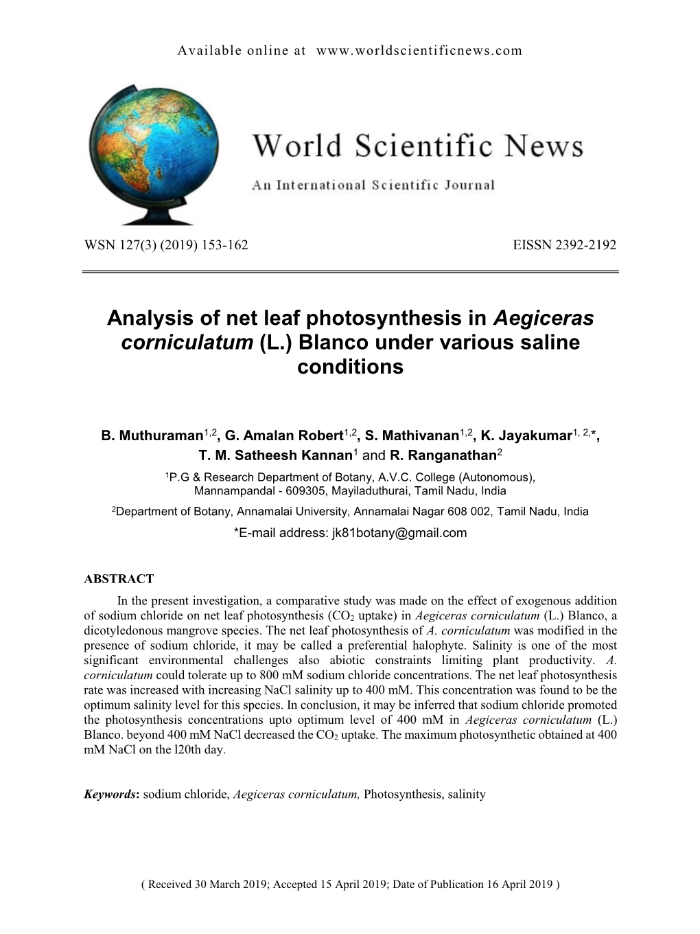Analysis of Net Leaf Photosynthesis in Aegiceras Corniculatum (L.) Blanco Under Various Saline Conditions