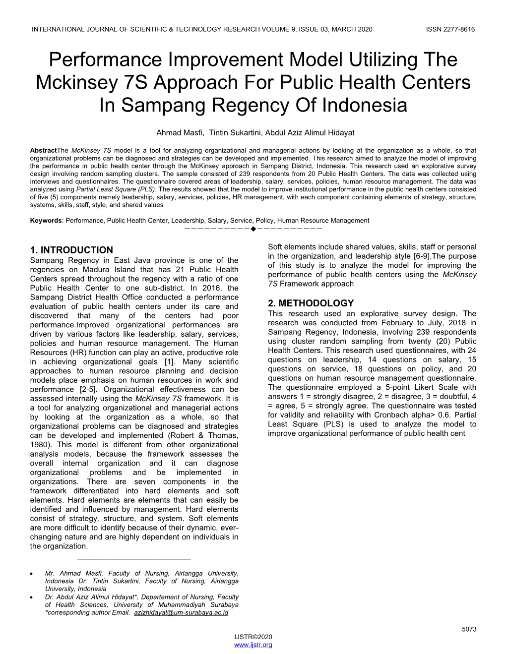 Performance Improvement Model Utilizing the Mckinsey 7S Approach for Public Health Centers in Sampang Regency of Indonesia