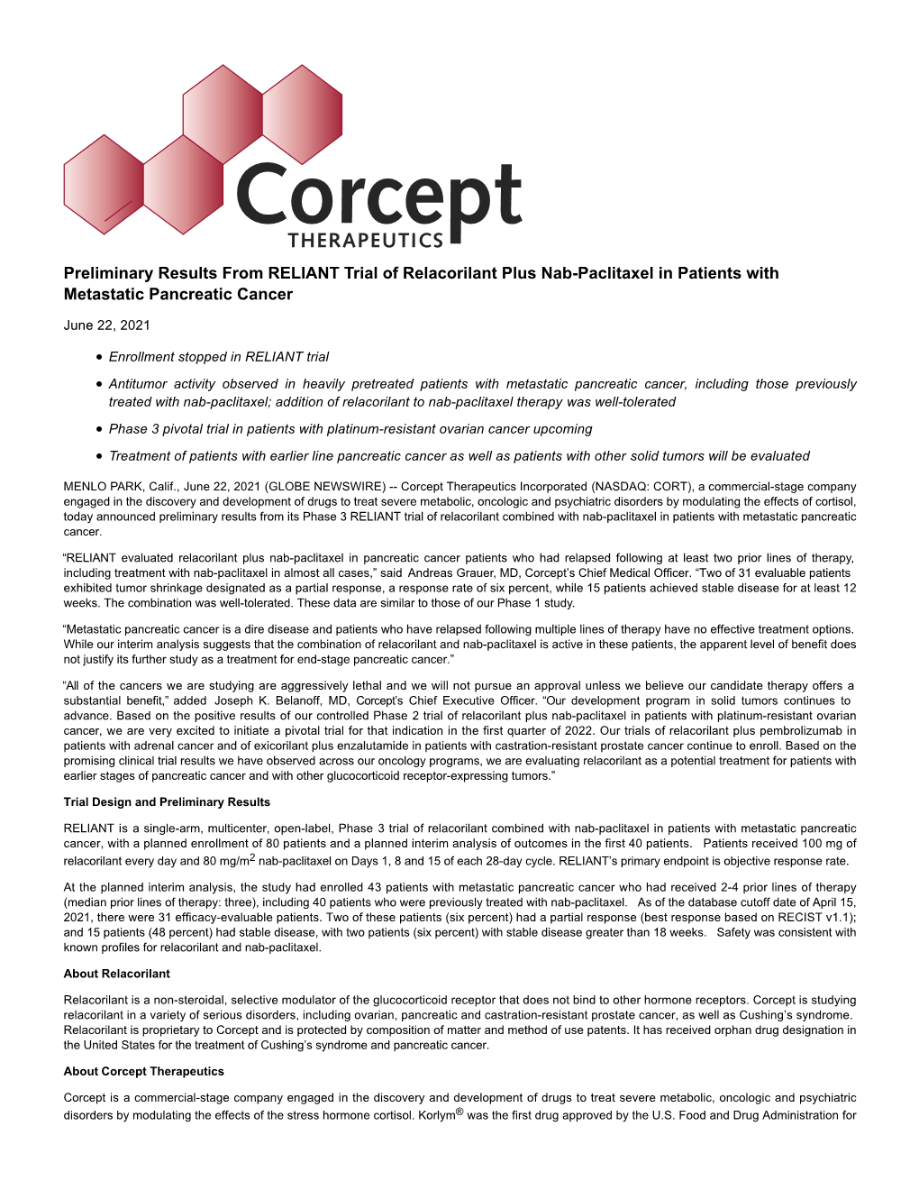 Preliminary Results from RELIANT Trial of Relacorilant Plus Nab-Paclitaxel in Patients with Metastatic Pancreatic Cancer