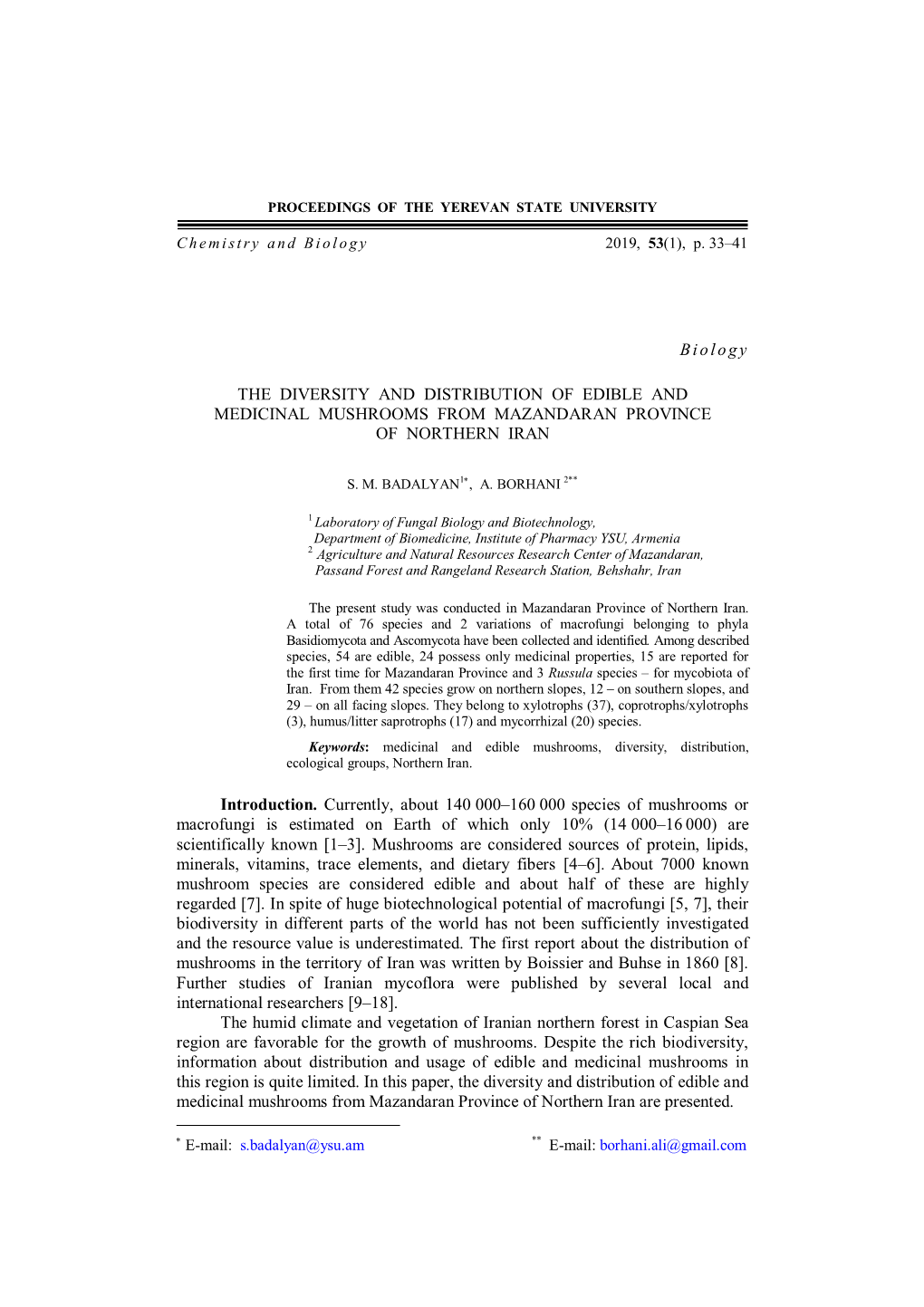 The Diversity and Distribution of Edible and Medicinal Mushrooms from Mazandaran Province of Northern Iran