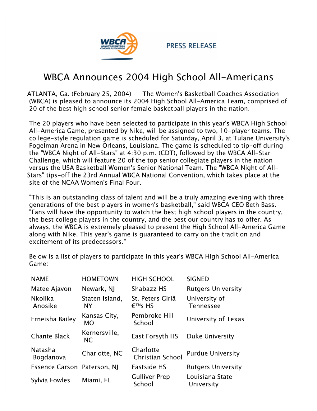 WBCA Announces 2004 High School All-Americans 2003-04 022504