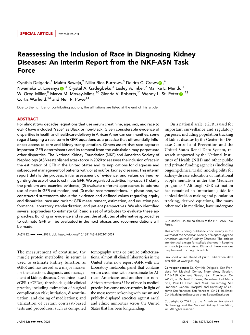 Reassessing the Inclusion of Race in Diagnosing Kidney Diseases: an Interim Report from the NKF-ASN Task Force