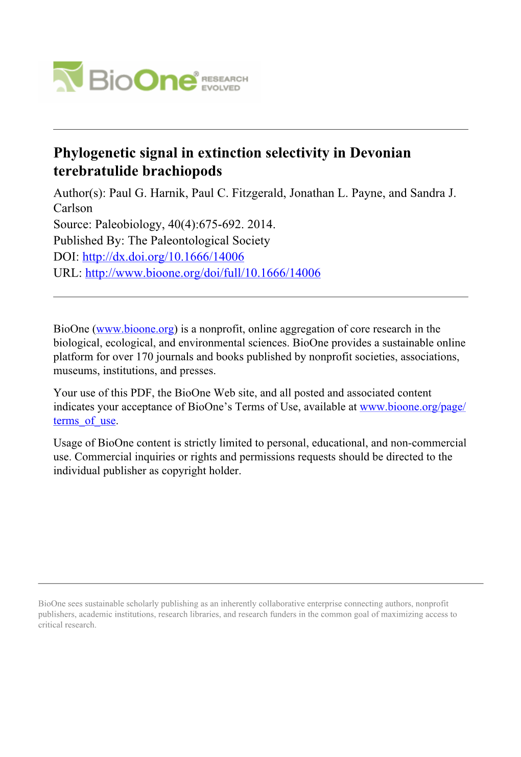 Phylogenetic Signal in Extinction Selectivity in Devonian Terebratulide Brachiopods Author(S): Paul G