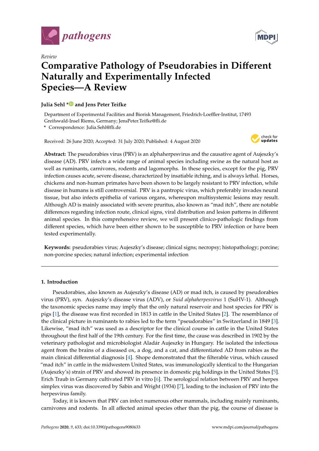 Comparative Pathology of Pseudorabies in Different Naturally