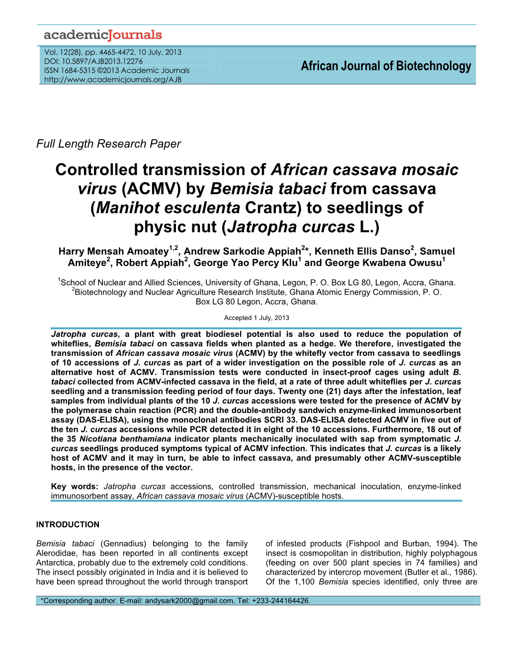 Controlled Transmission of African Cassava Mosaic Virus (ACMV) By