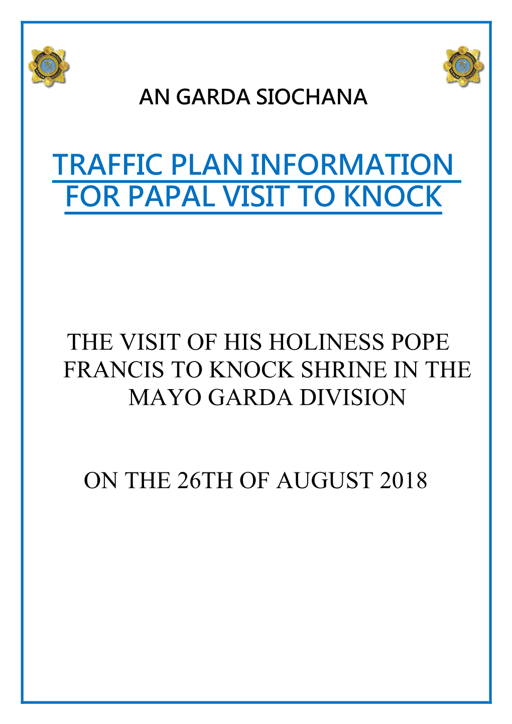 Traffic Plan Information for Papal Visit to Knock