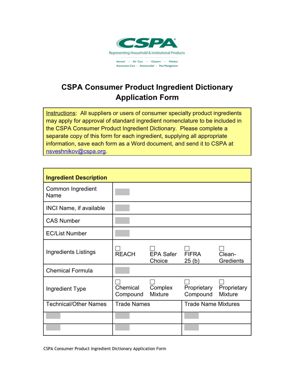 CSPA Consumer Product Ingredient Dictionary Application Form