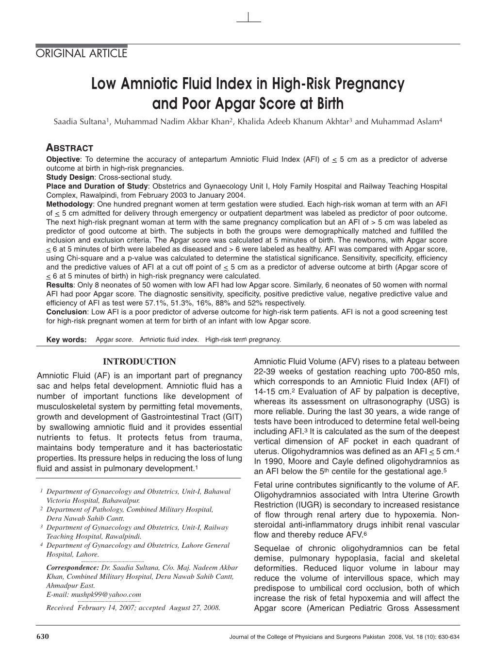 Low Amniotic Fluid Index in High-Risk Pregnancy and Poor Apgar Score