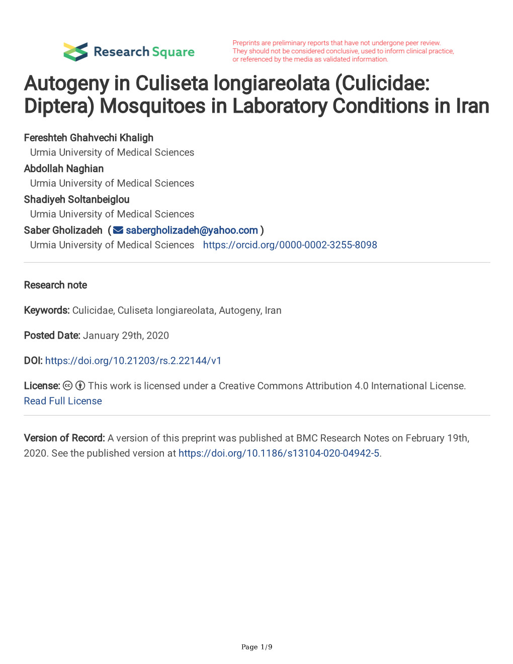 Autogeny in Culiseta Longiareolata (Culicidae: Diptera) Mosquitoes in Laboratory Conditions in Iran