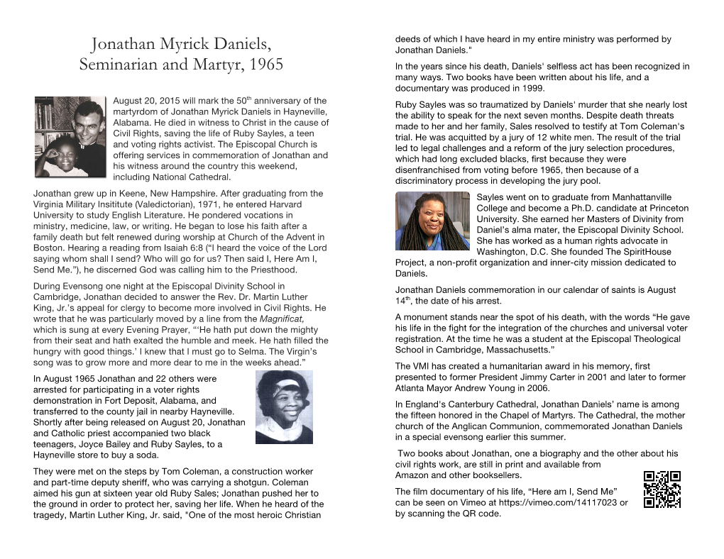 Jonathan Myrick Daniels, Jonathan Daniels." Seminarian and Martyr, 1965 in the Years Since His Death, Daniels' Selfless Act Has Been Recognized in Many Ways