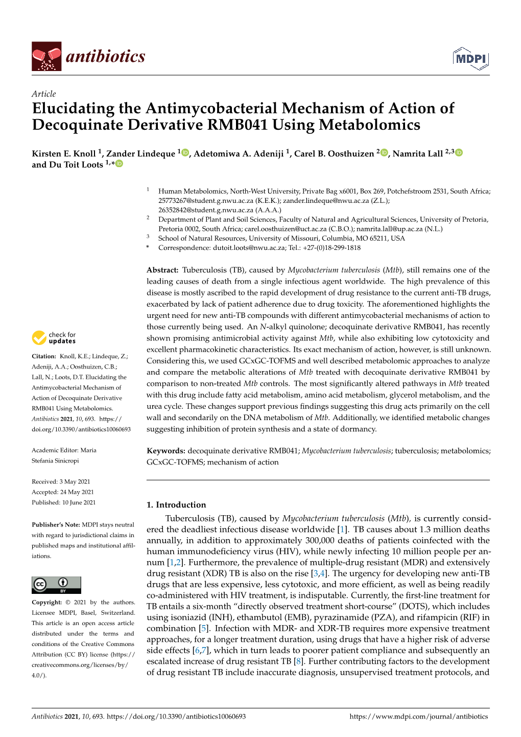 Elucidating the Antimycobacterial Mechanism of Action of Decoquinate Derivative RMB041 Using Metabolomics