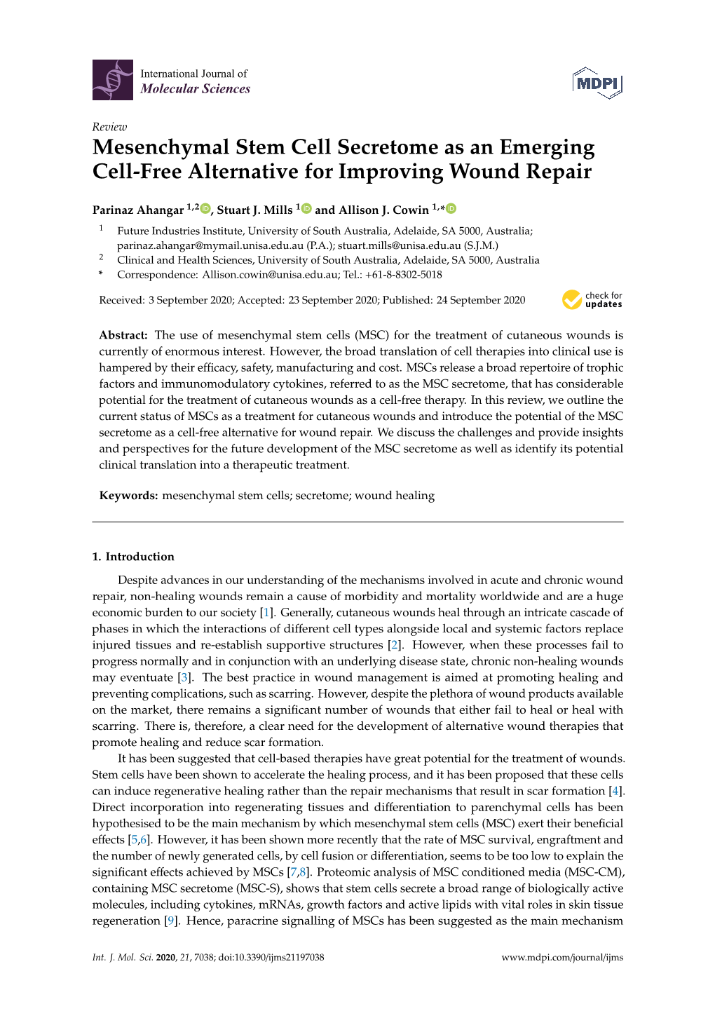 Mesenchymal Stem Cell Secretome As an Emerging Cell-Free Alternative for Improving Wound Repair