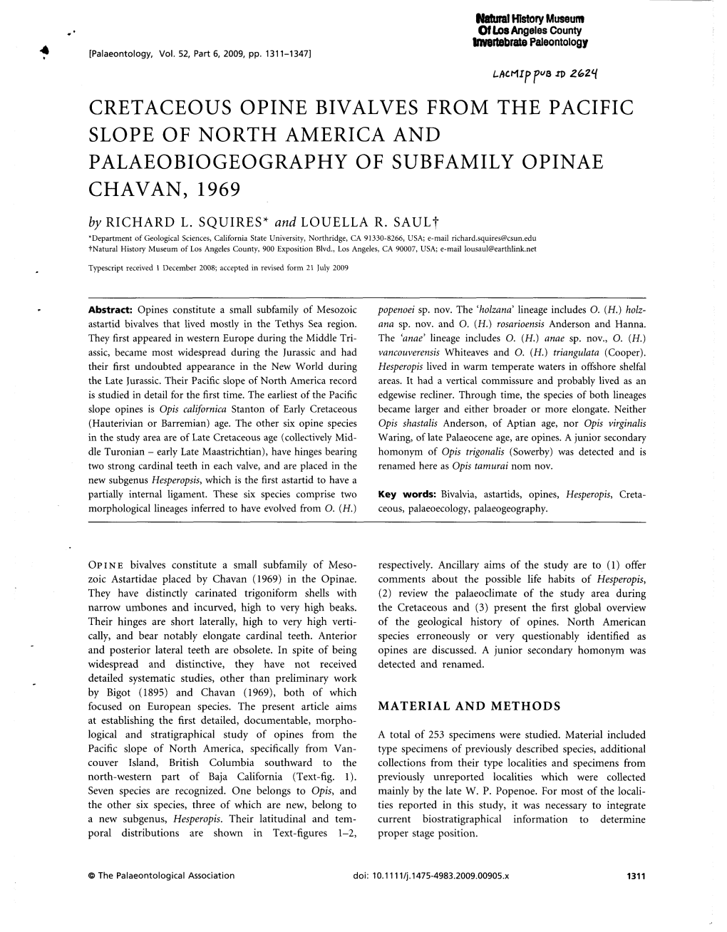 CRETACEOUS OPINE BIVALVES from the PACIFIC SLOPE of NORTH AMERICA and PALAEOBIOGEOGRAPHY of SUBFAMILY OPINAE CHAVAN, 1969 by RICHARD L