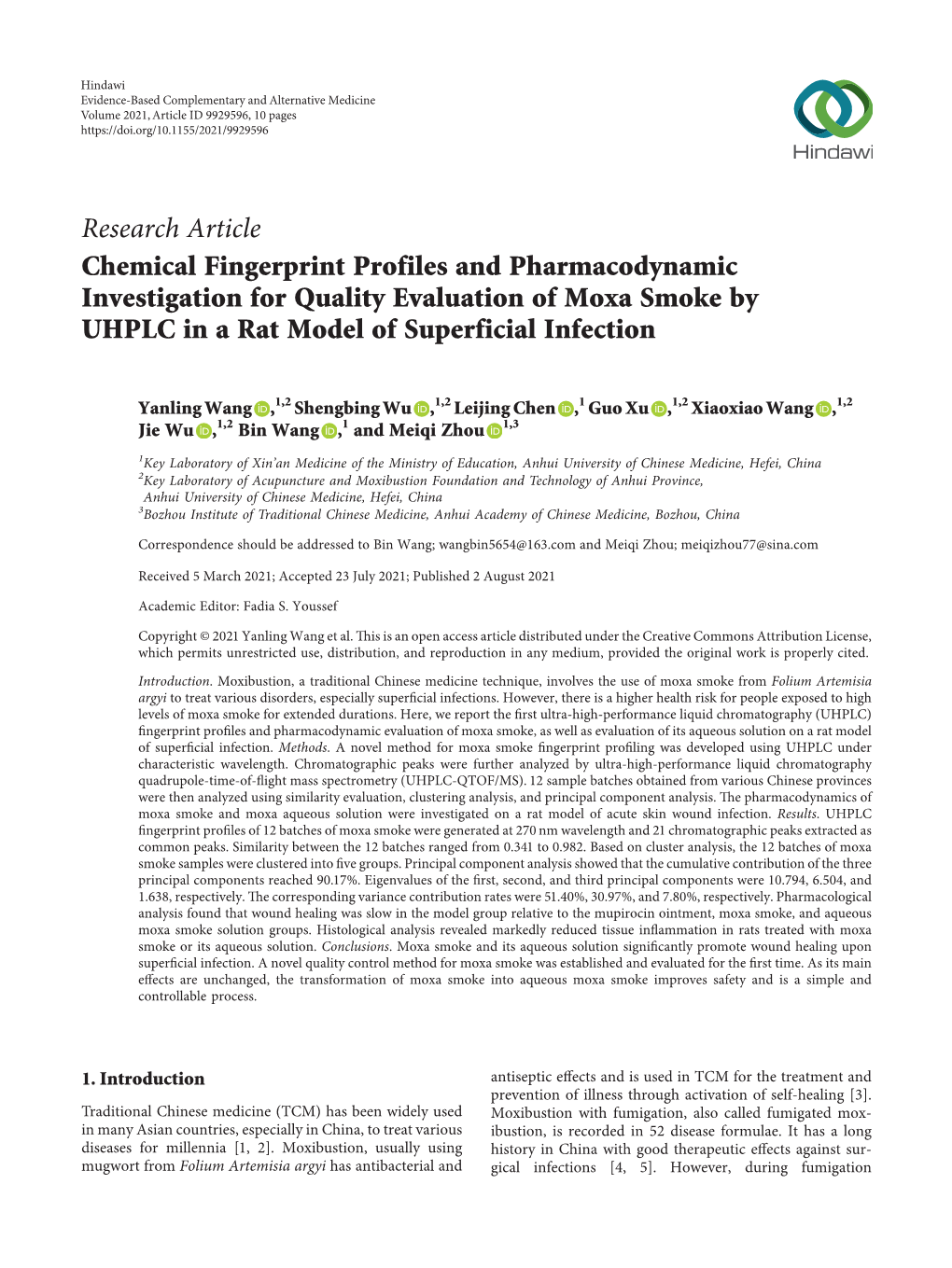 Chemical Fingerprint Profiles and Pharmacodynamic Investigation for Quality Evaluation of Moxa Smoke by UHPLC in a Rat Model of Superficial Infection