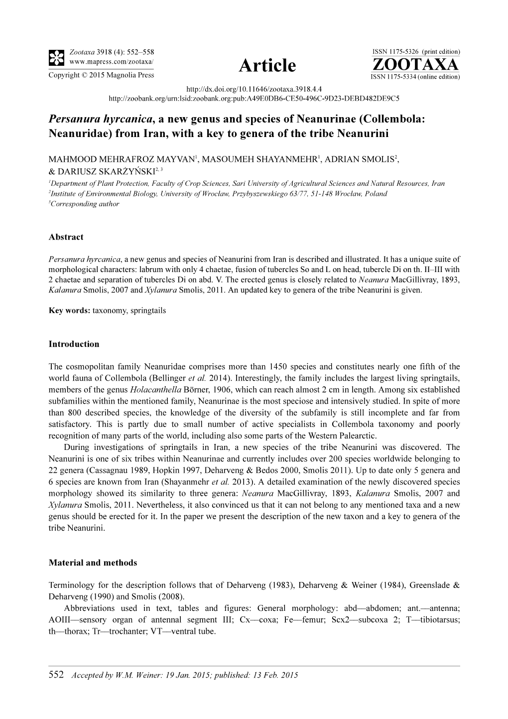 Collembola: Neanuridae) from Iran, with a Key to Genera of the Tribe Neanurini