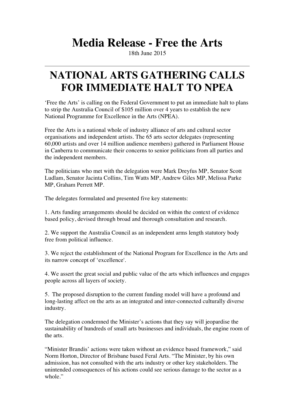 Media Release - Free the Arts 18Th June 2015
