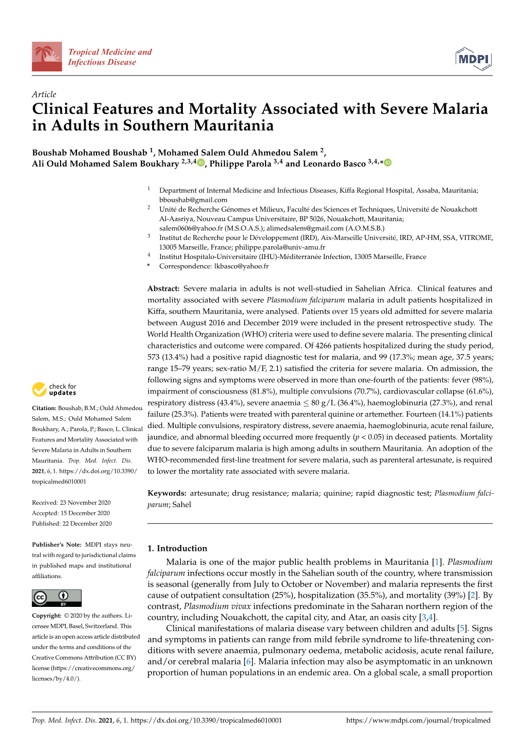 Clinical Features and Mortality Associated with Severe Malaria in Adults in Southern Mauritania