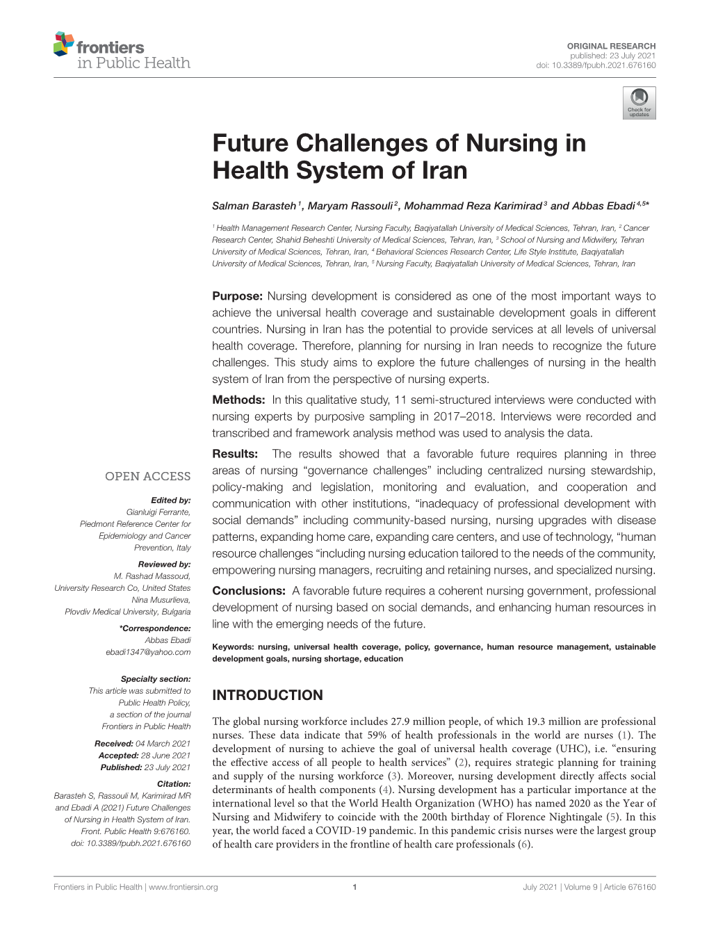 Future Challenges of Nursing in Health System of Iran
