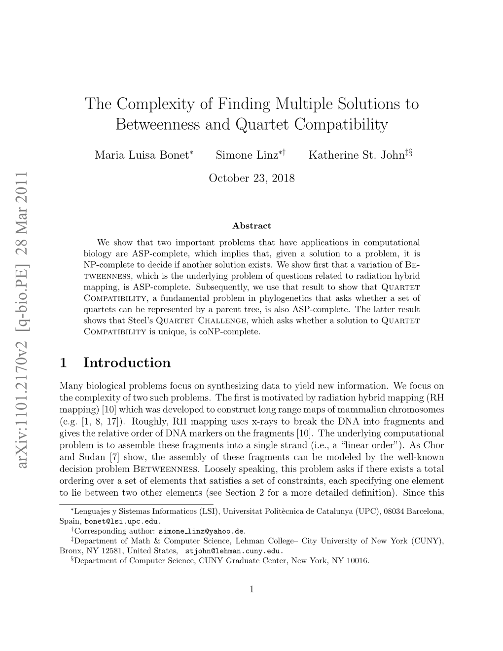 The Complexity of Finding Multiple Solutions to Betweenness and Quartet Compatibility Arxiv:1101.2170V2 [Q-Bio.PE] 28 Mar 2011