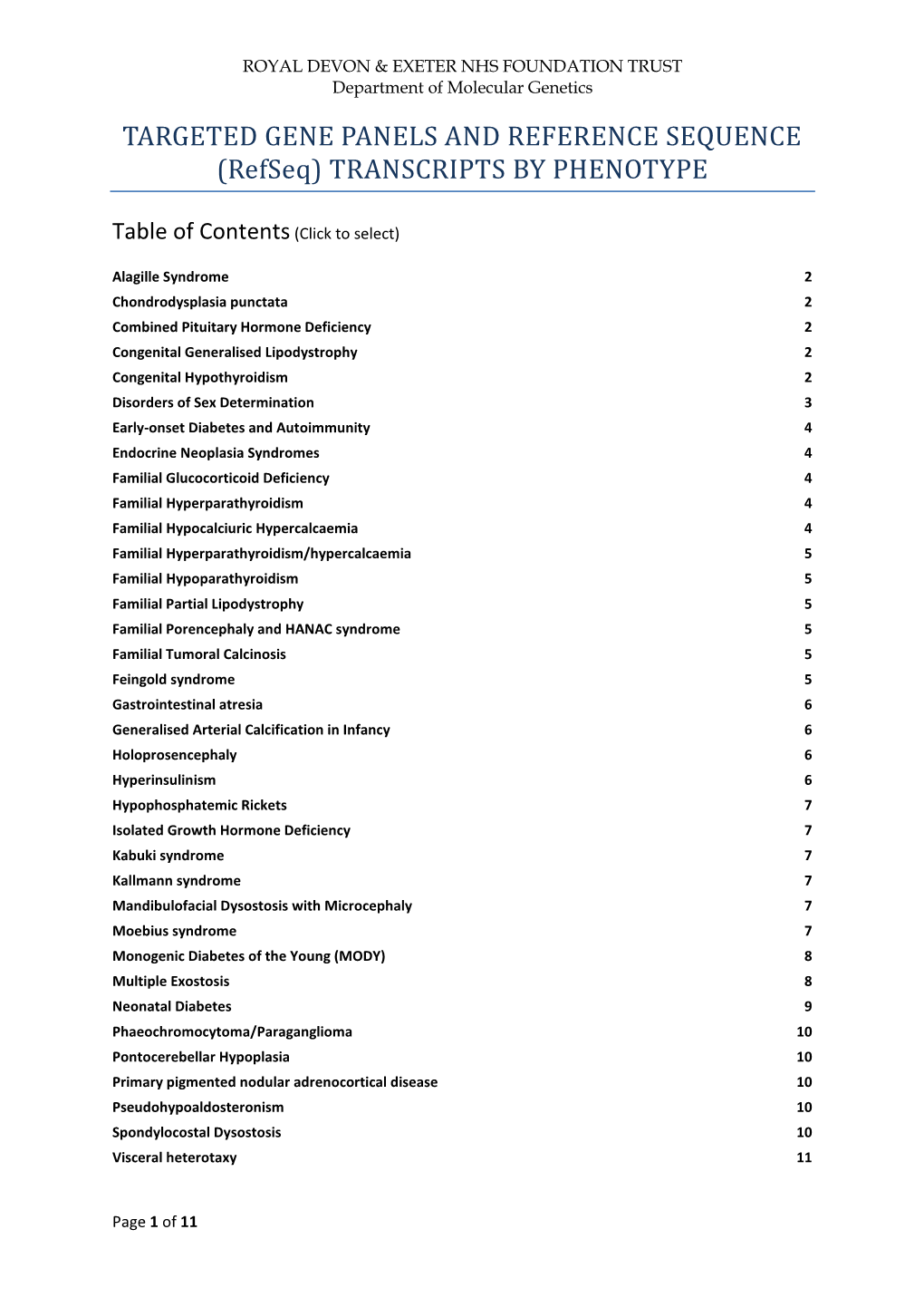 TARGETED GENE PANELS and REFERENCE SEQUENCE (Refseq) TRANSCRIPTS by PHENOTYPE