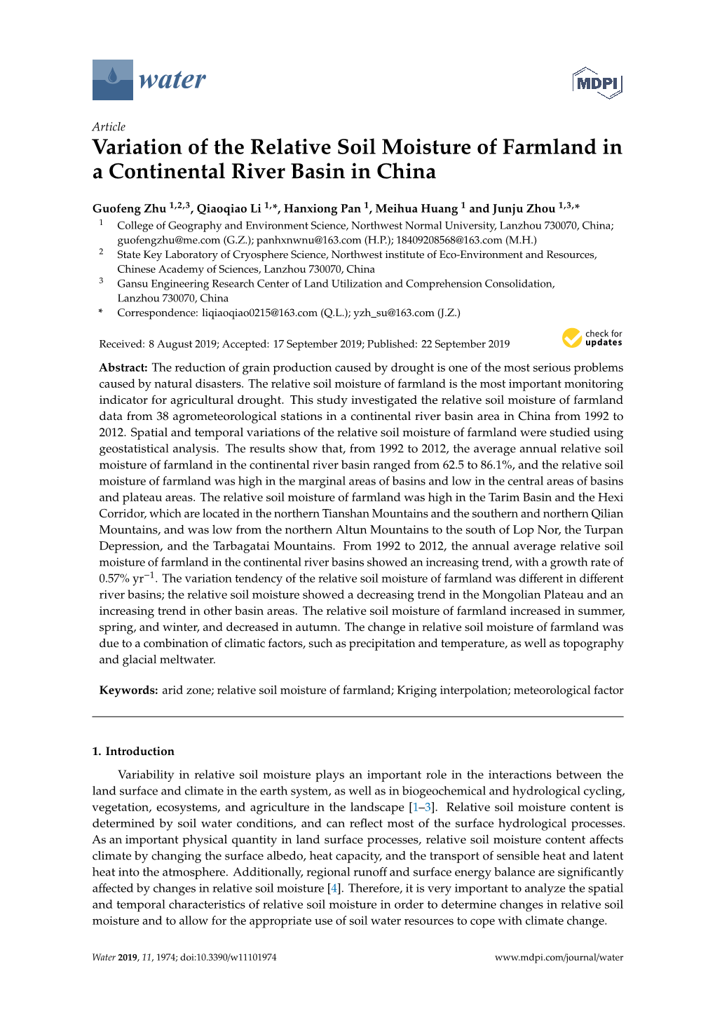 Variation of the Relative Soil Moisture of Farmland in a Continental River Basin in China
