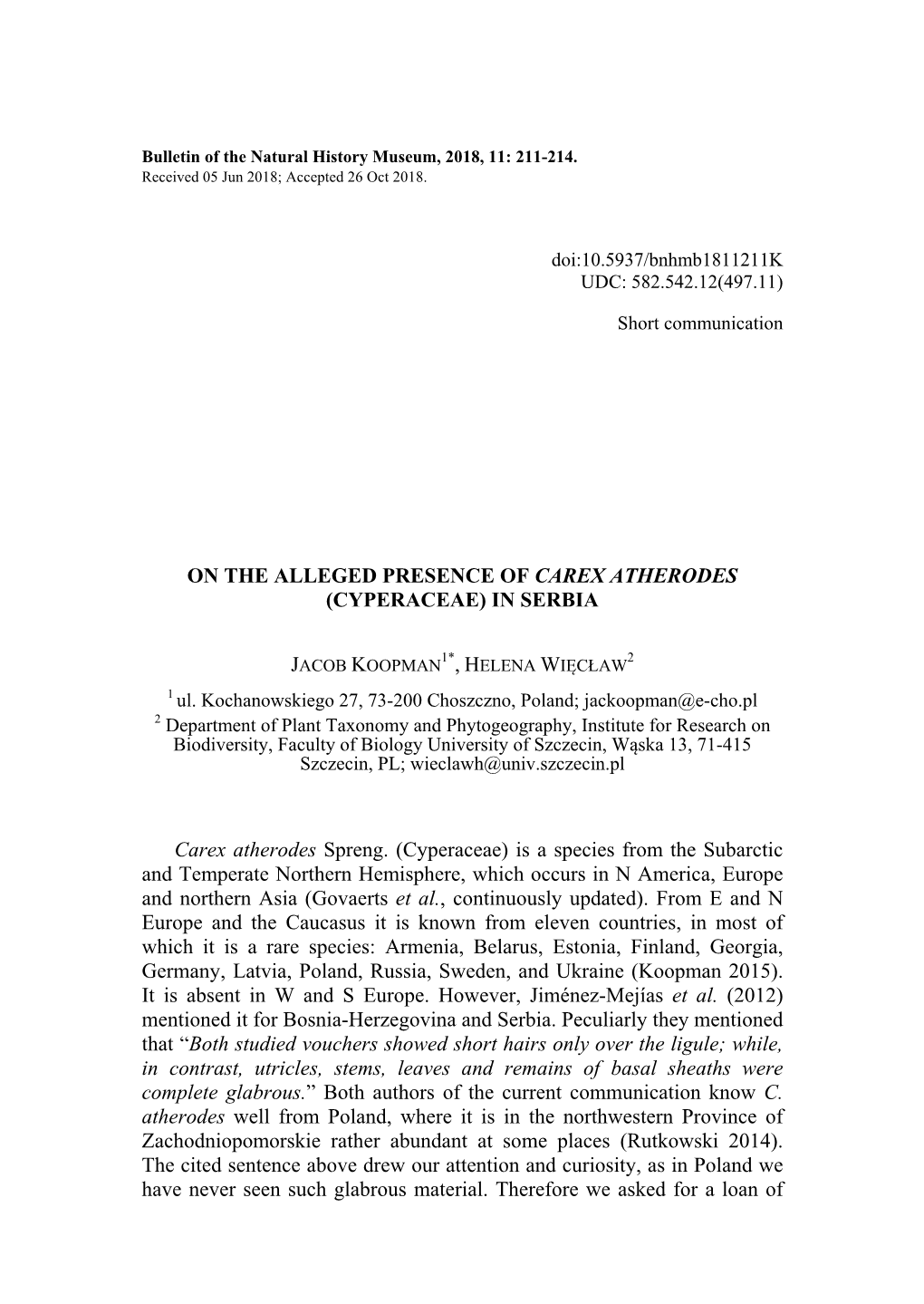 On the Alleged Presence of Carex Atherodes (Cyperaceae) in Serbia