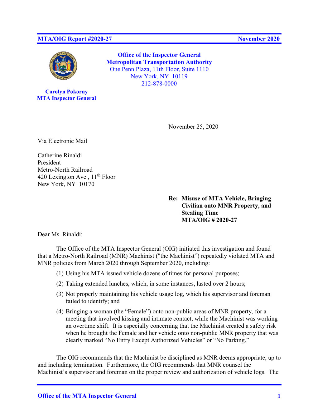 Office of the MTA Inspector General MTA/OIG Report #2020-27
