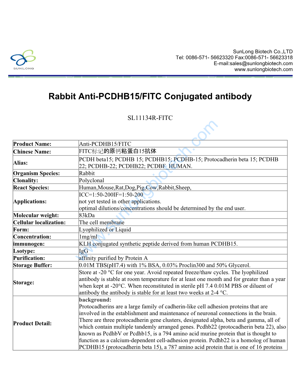 Rabbit Anti-PCDHB15/FITC Conjugated Antibody-SL11134R