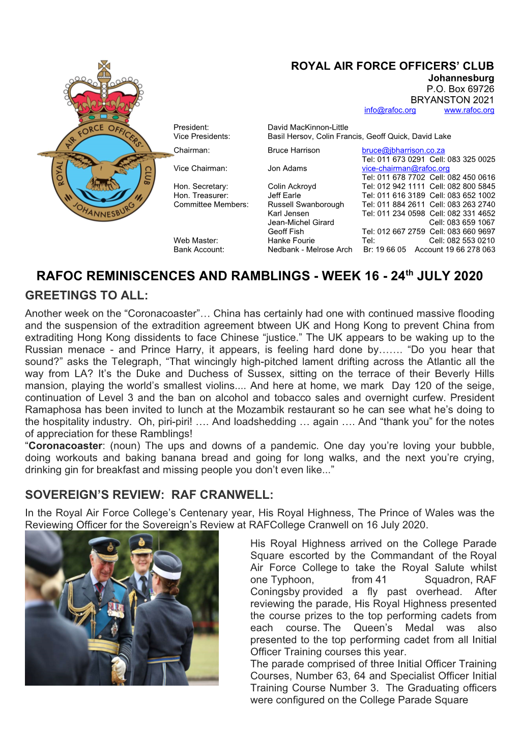 RAFOC REMINISCENCES and RAMBLINGS - WEEK 16 - 24Th JULY 2020