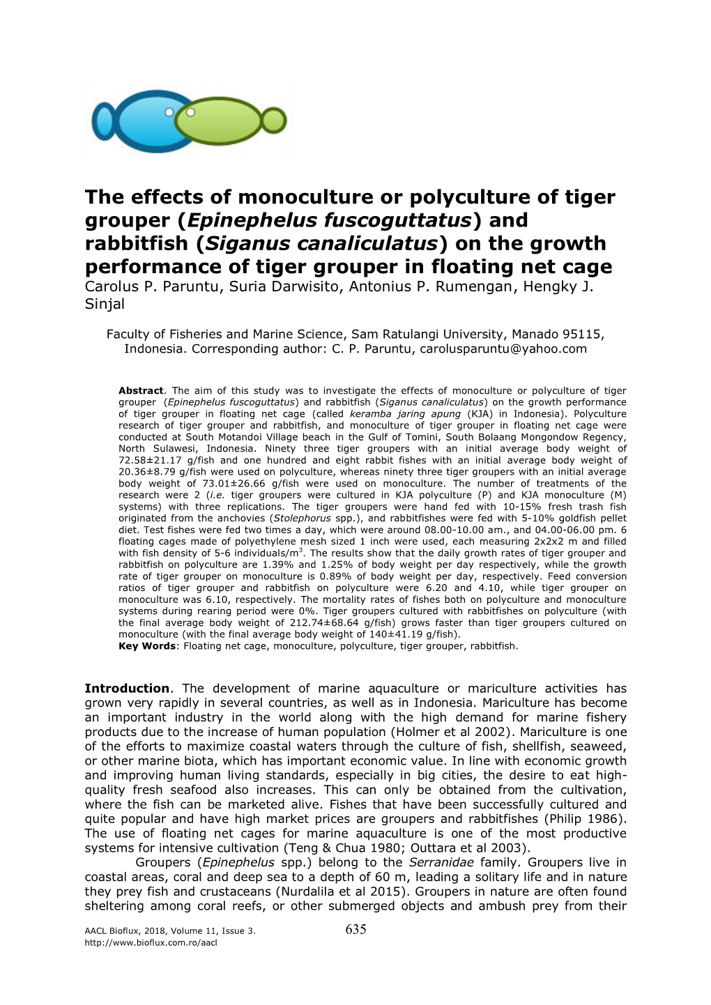 Epinephelus Fuscoguttatus) and Rabbitfish (Siganus Canaliculatus) on the Growth Performance of Tiger Grouper in Floating Net Cage Carolus P