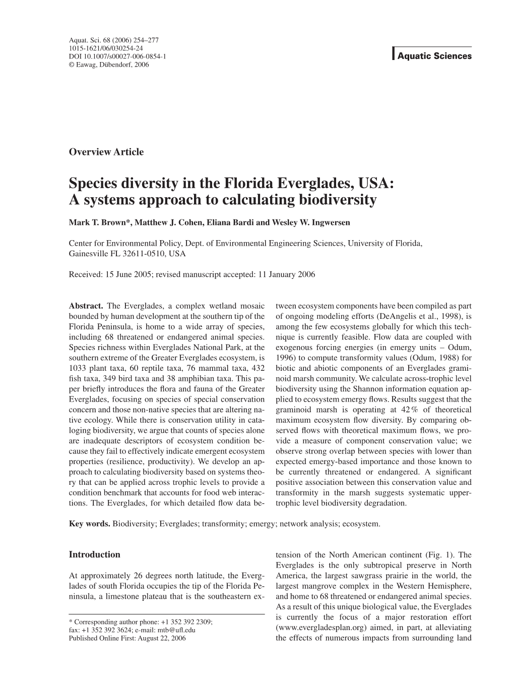 Species Diversity in the Florida Everglades, USA: a Systems Approach to Calculating Biodiversity