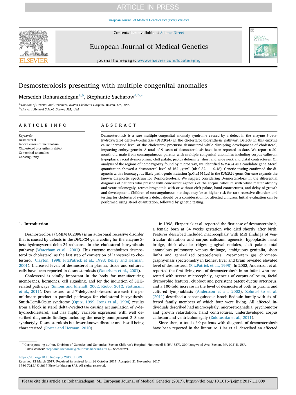 Desmosterolosis Presenting with Multiple Congenital Anomalies