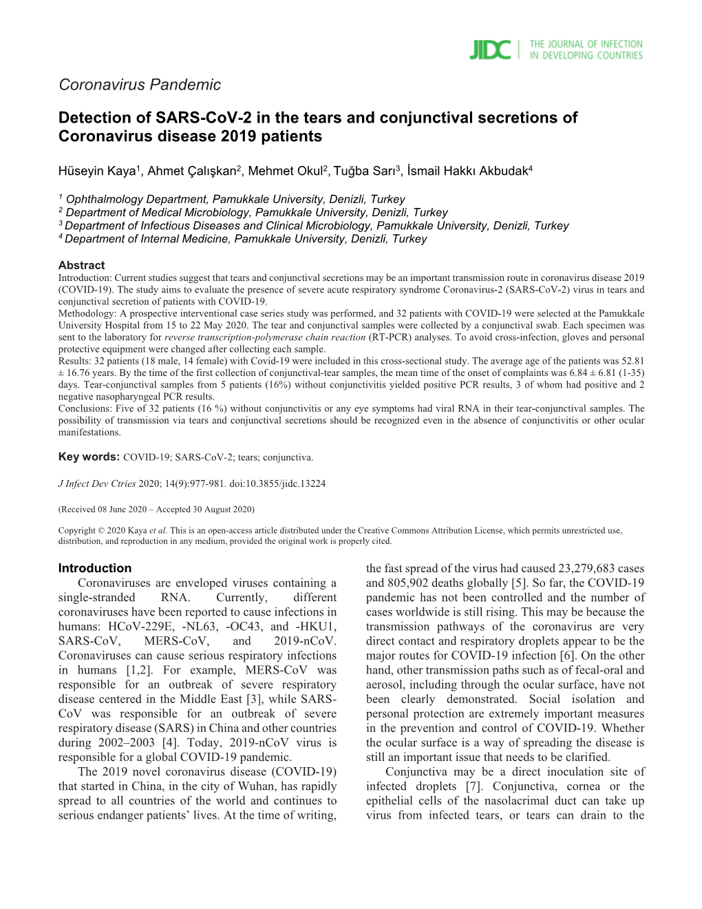 Coronavirus Pandemic Detection of SARS-Cov-2 in the Tears And