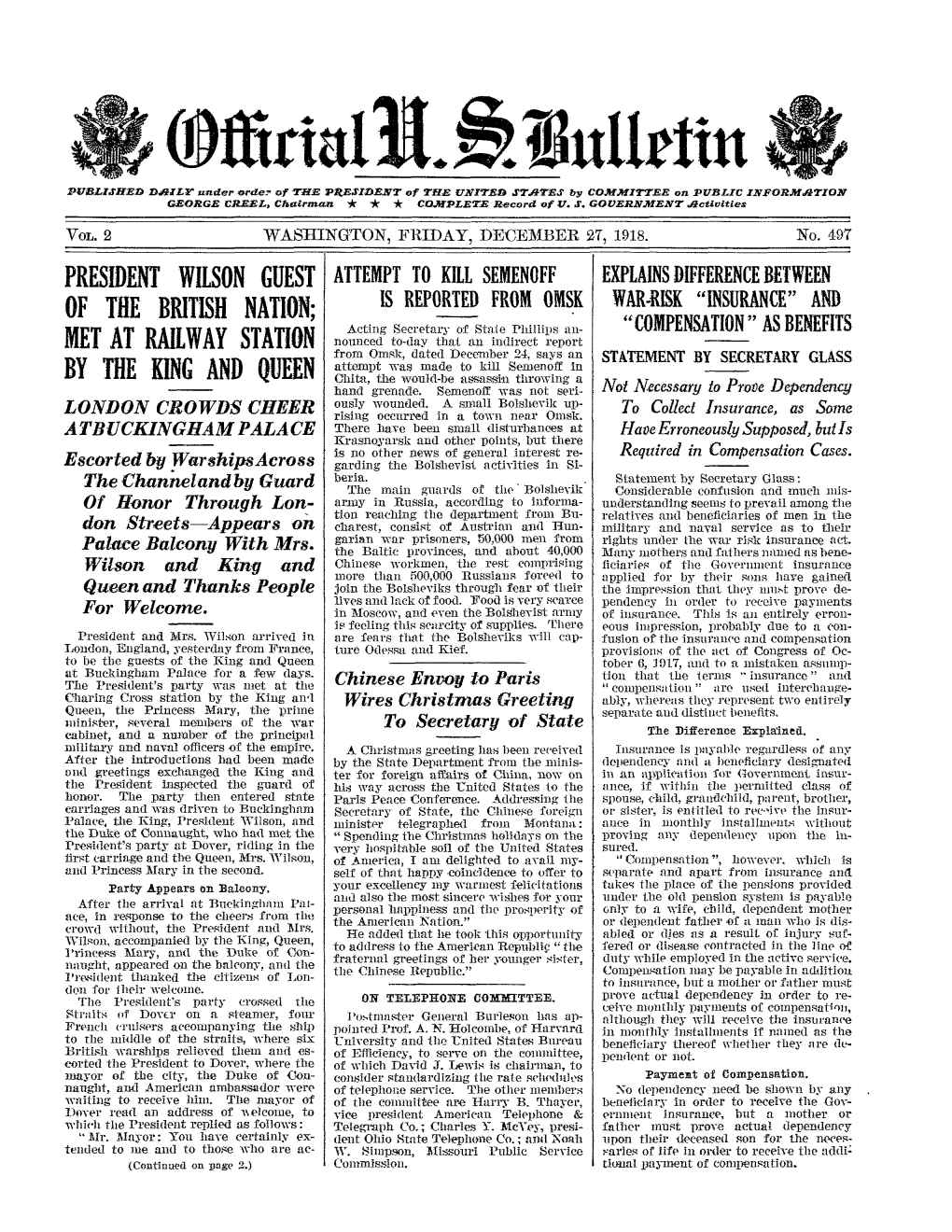 (Ofkital. .Uhei PVBLZIED Dailr Under Orde:- of the PRESIDENT of the UNITED STATES by COMMITTEE on PUBLIC INFORMATION GEORGE CREEL, Cfairman * * COMPLETE Record of U