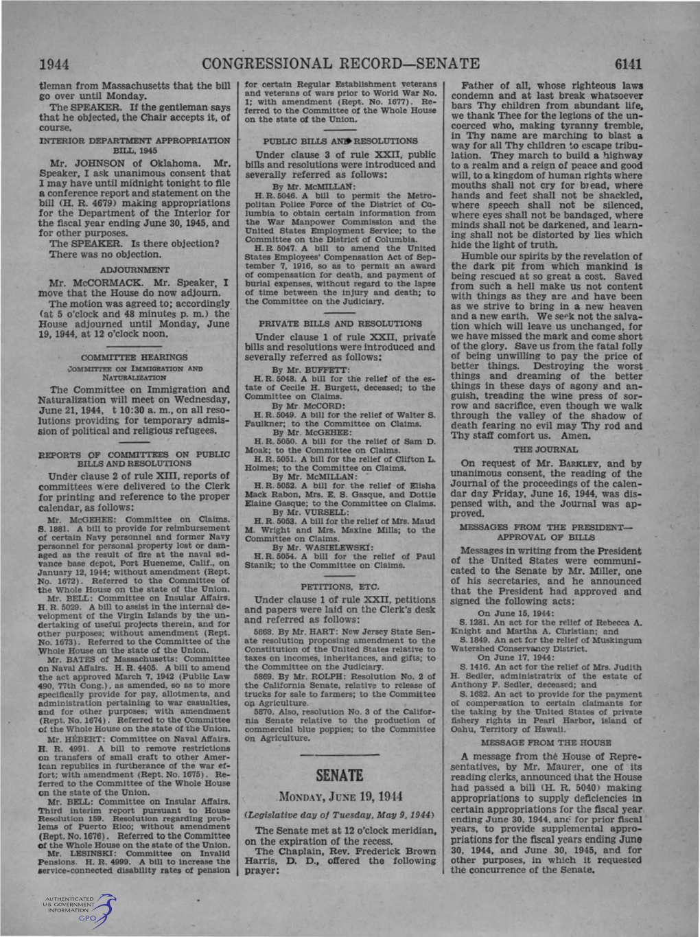 SENATE 6141 Tleman from Massachusetts That the Bill for Certain Regular Establishment Veterans Father of All, Whose Righteous Laws Go Over Until Monday