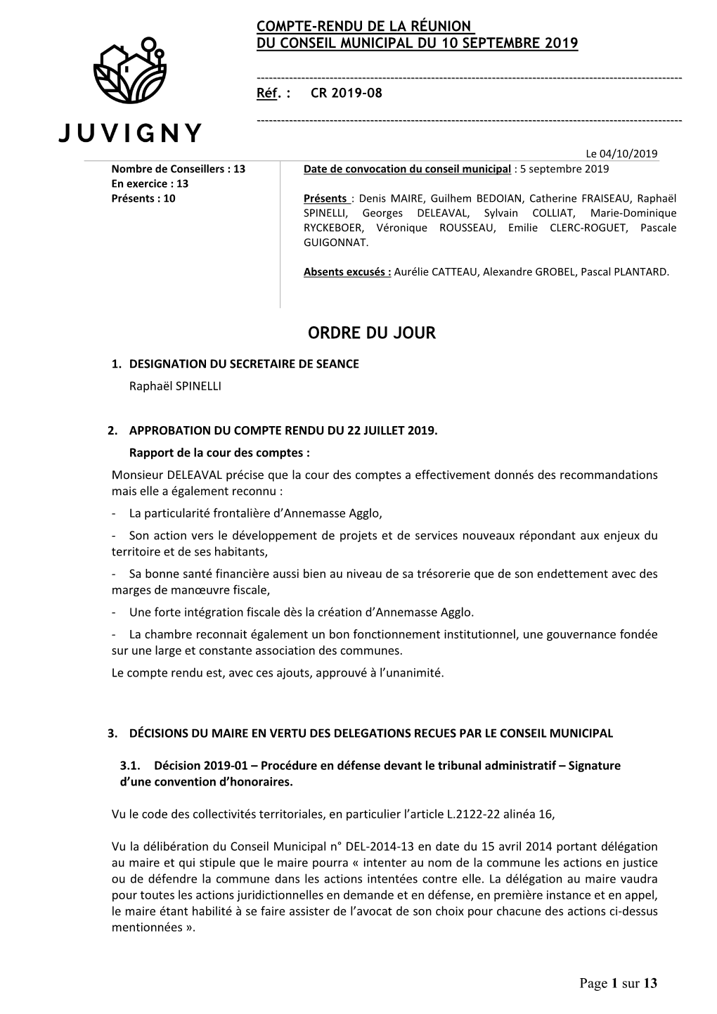 Compte-Rendu De La Réunion Du Conseil Municipal Du 10 Septembre 2019