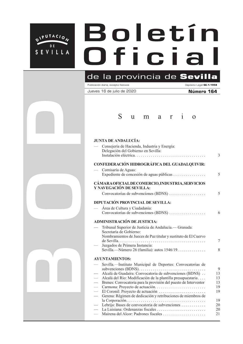 Boletín Oficial De La Provincia De Sevilla. Número 164 Jueves 16 De Julio De 2020