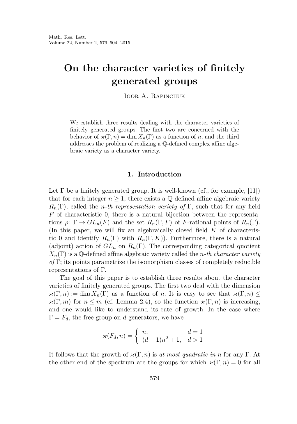 On the Character Varieties of Finitely Generated Groups