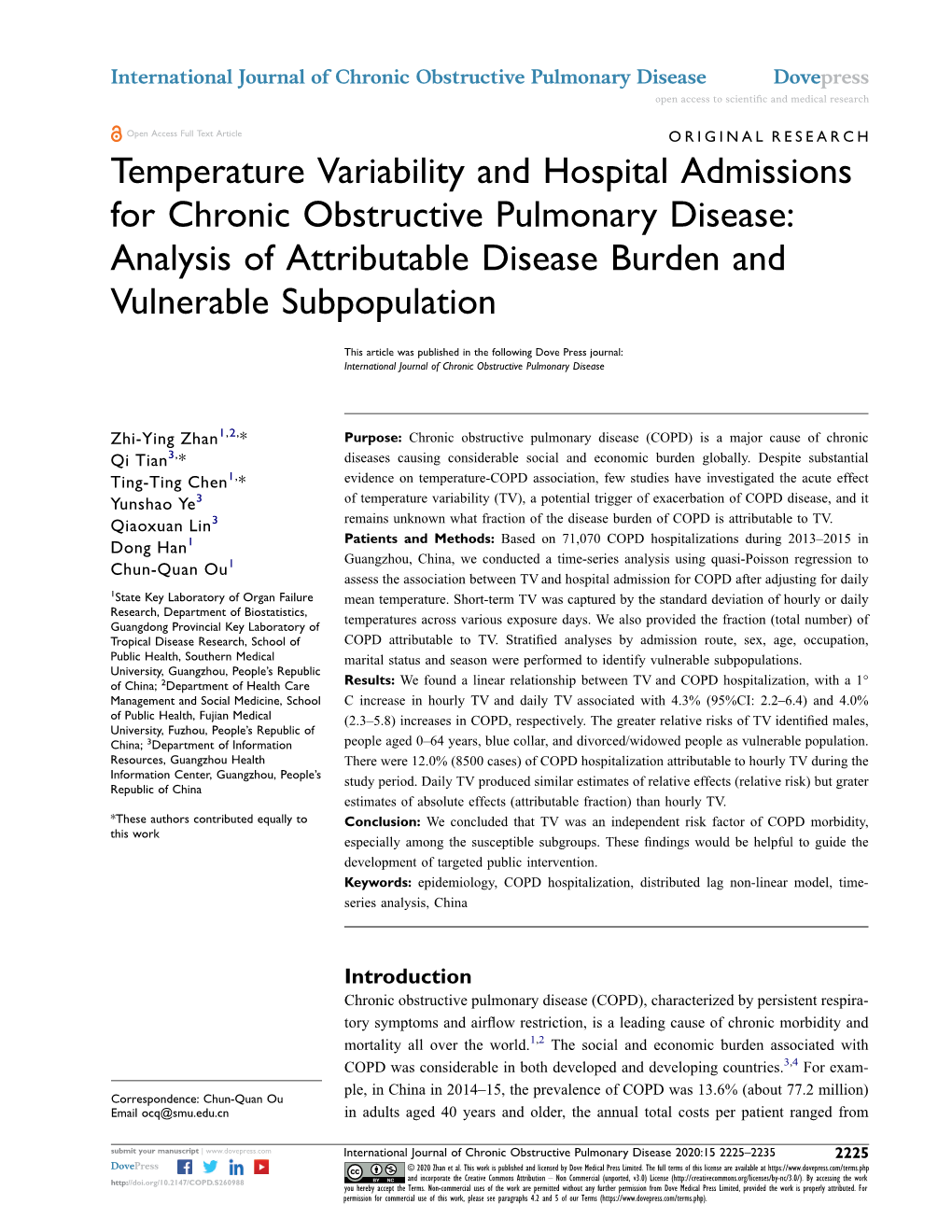 Temperature Variability and Hospital Admissions for Chronic Obstructive Pulmonary Disease: Analysis of Attributable Disease Burden and Vulnerable Subpopulation