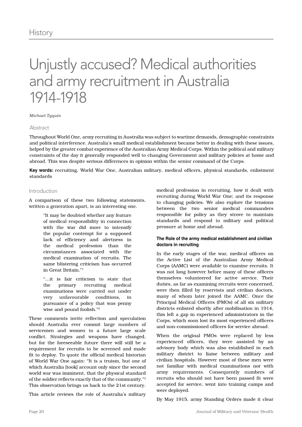 Medical Authorities and Army Recruitment in Australia 1914-1918