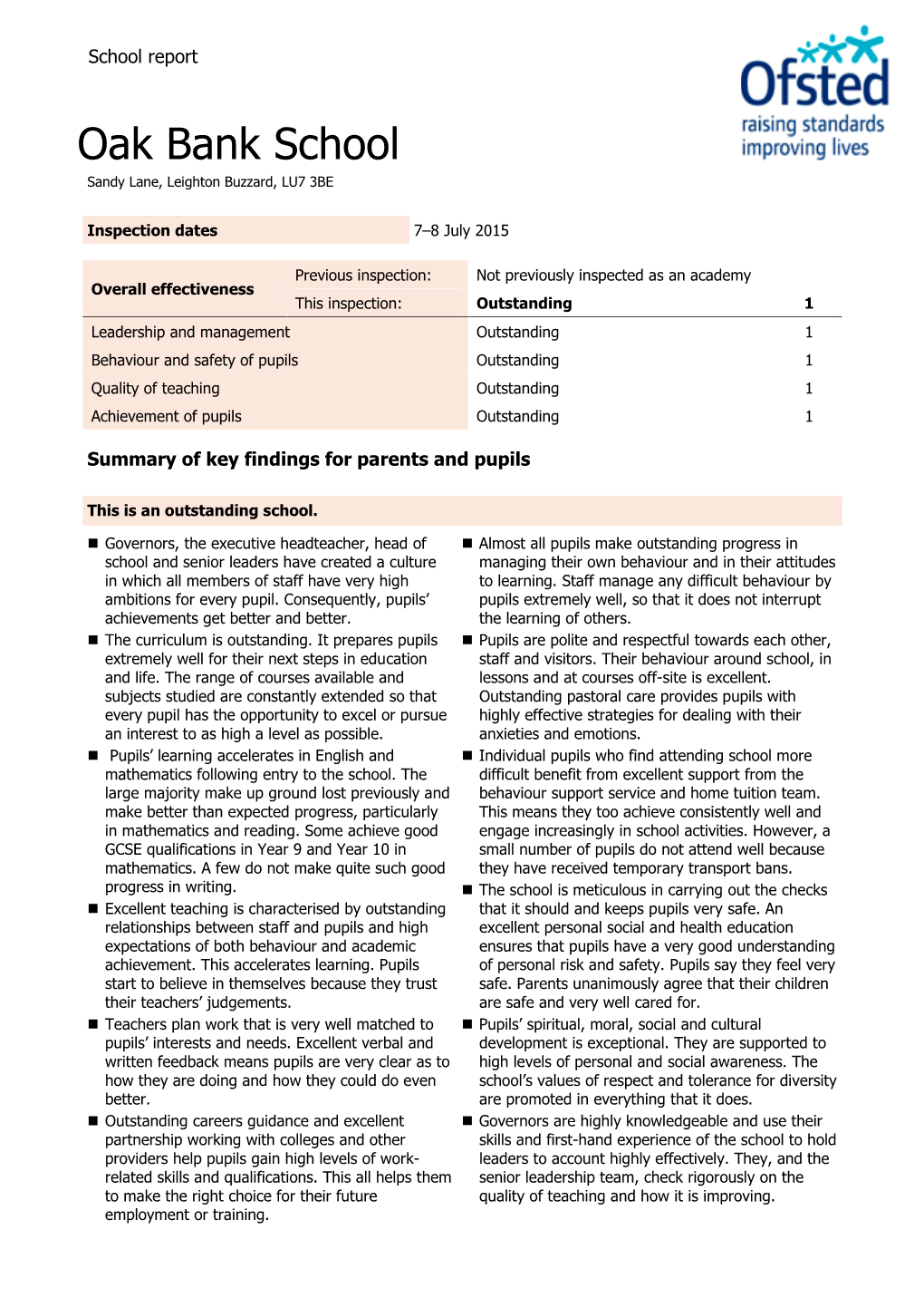 Oak Bank OFSTED Report July 2015